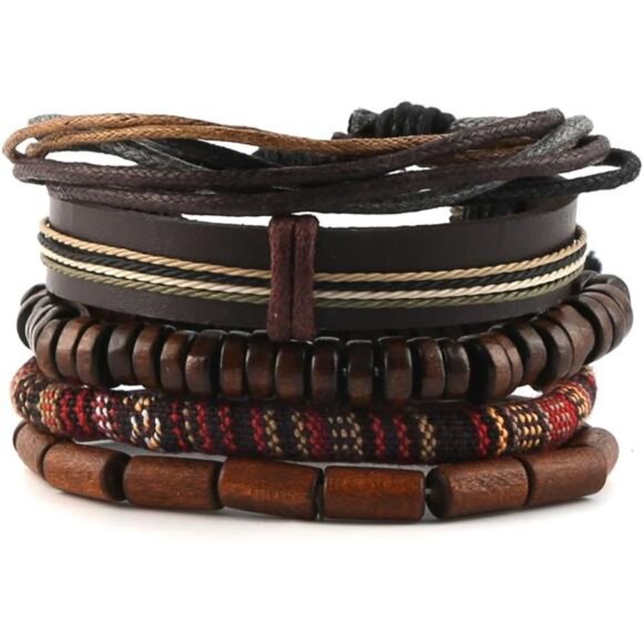 Hemp Leather Wrap Bracelets Unisex Men Women Wood Beads Tribal Ethnic Wristband - Picture 1 of 6